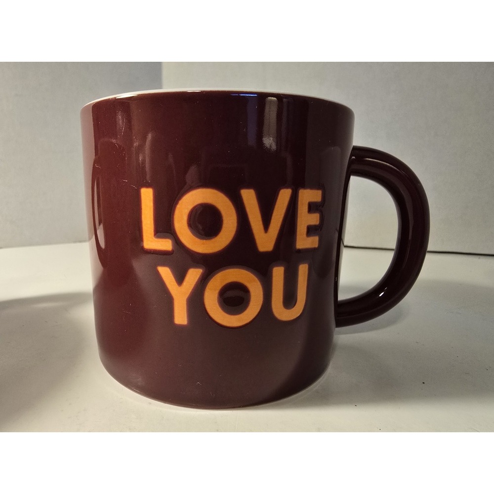 Room Essentials Stoneware "Love You" Mug (new) #2 Maroon Orange Text 4 inches
